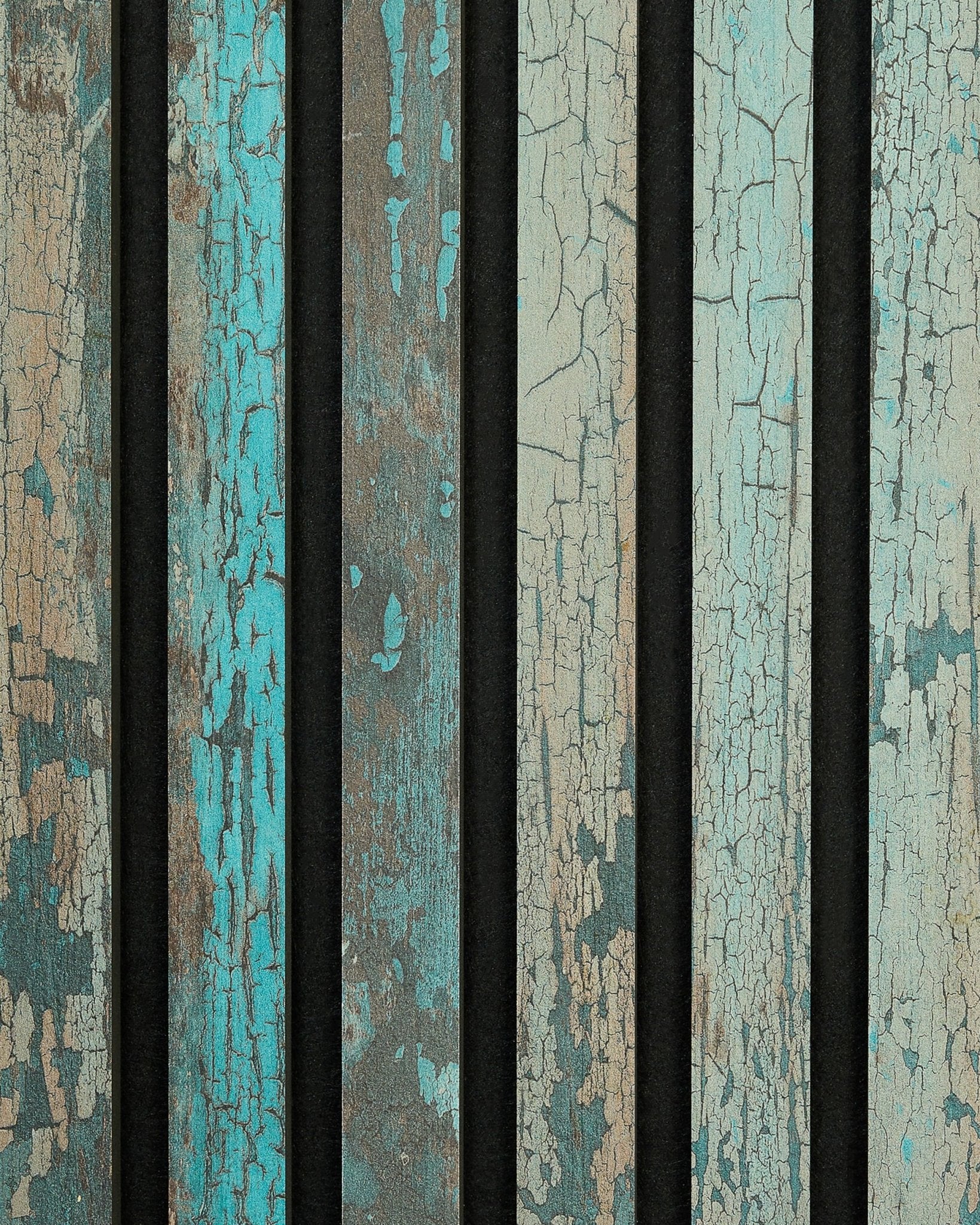 WoodUpp Rebel | Campione / Blue Oxide Akupanel con doghe in legno dall'effetto vissuto, tonalità blu-verdi, crepe visibili e spazi scuri tra le vertical per un look nordico rustico.