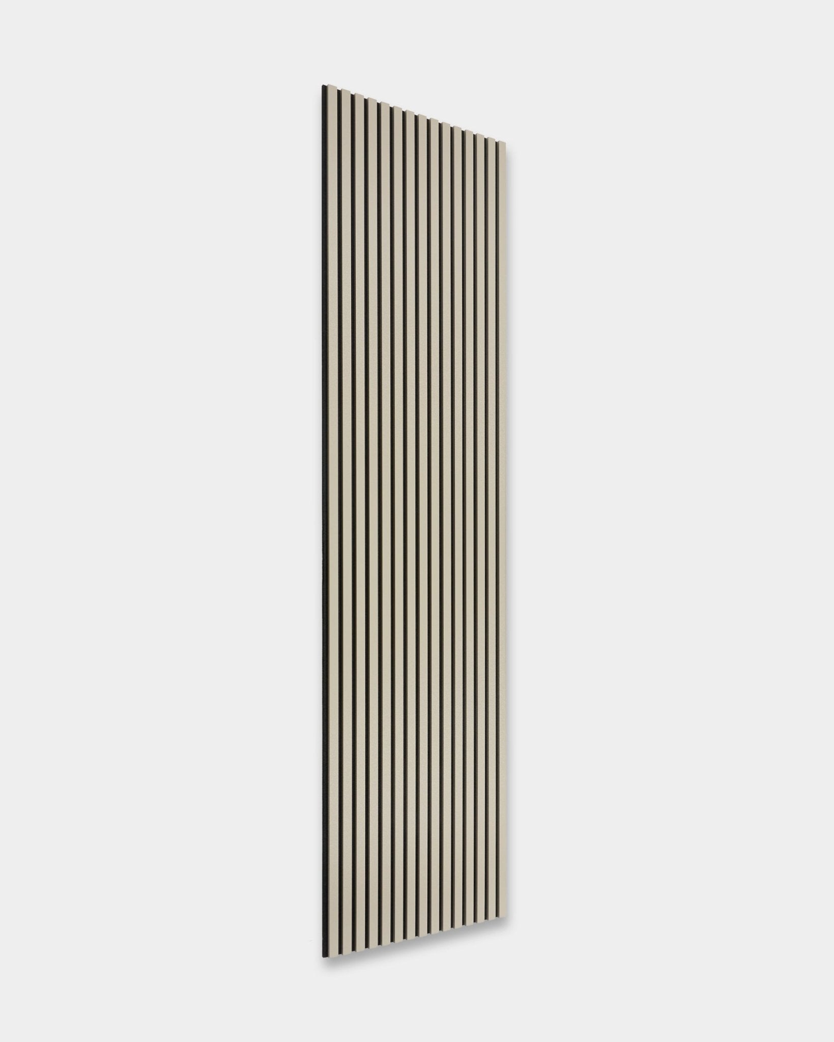 Hue | Akupanel / Stone di WoodUpp: pannello acustico a doghe alto e rettangolare, con vertical black e strisce bianche, 240x60 cm, design nordico minimalista.