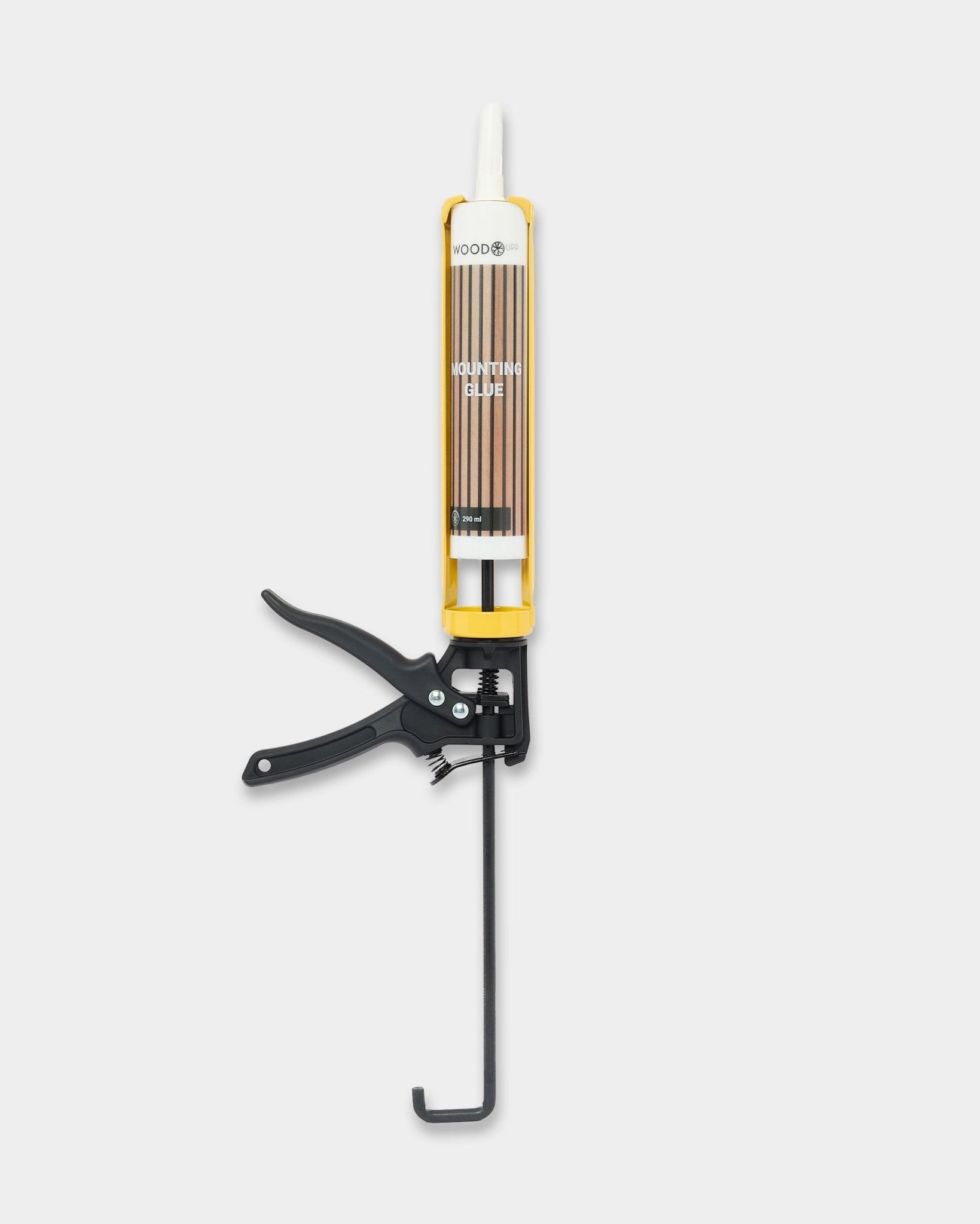 Strumento di installazione WoodUpp Pistola per Colla con cartuccia da 290 ml, mostrato su uno sfondo bianco semplice, pensato per i pannelli acustici in legno Akupanel.