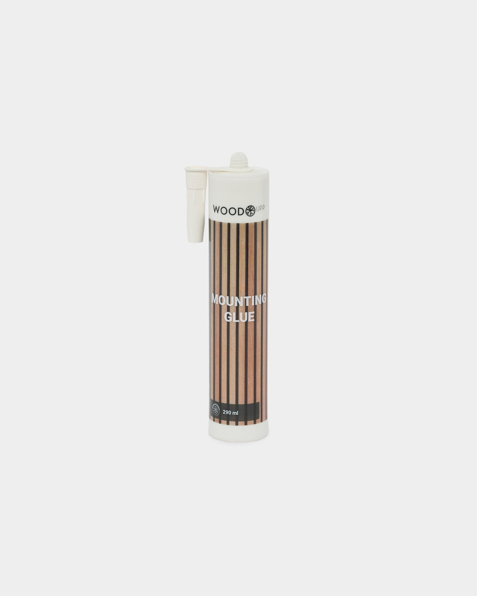 Tubo da 290 ml di WoodUpp Colla con etichetta a righe brown e ugello applicatore, pensato per l’installazione sicura dei pannelli acustici Akupanel.