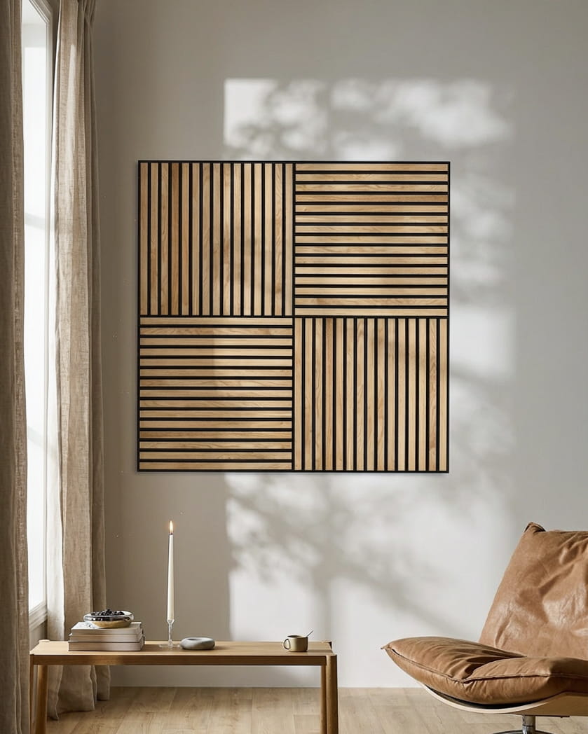 Ambiente living moderno ambiente con una poltrona in pelle, una candela accesa e WoodUpp Akupixel Pannello acustico in Rustic Natural Oak che proietta ombre geometriche sulla parete.