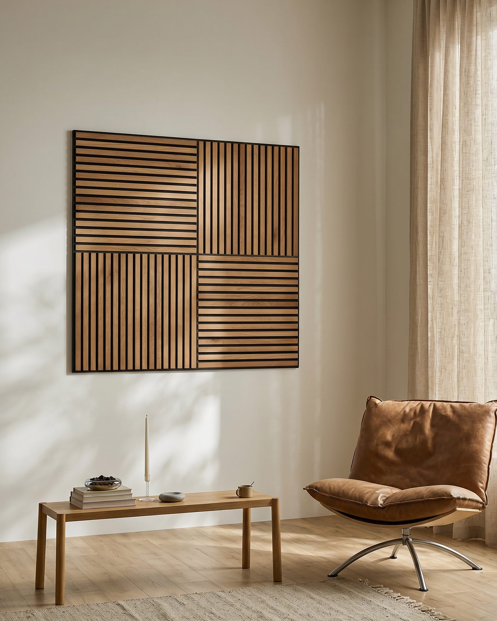 Soggiorno minimalista con una poltrona lounge brown, un tavolino in legno e WoodUpp Akupixel Rustic Brown Rovere Pannello acustico sulla parete, illuminato da luce naturale.