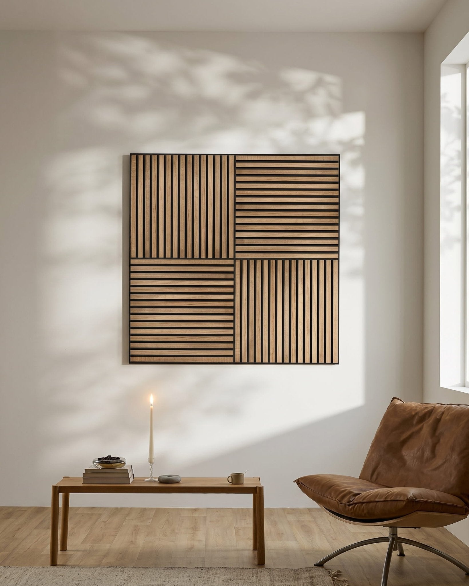 Interno nordico minimalista con un <span data-glossary-id="7c4841b46177936ec09b77f6a1392787">WoodUpp square panel</span> Walnut <span data-glossary-id="3744740">Akupanel</span> sulla parete, una candela accesa su un tavolino basso, libri e una sedia <span data-glossary-id="20756bf30e721a6c9bee69b99c2c4080">CH07 Shell Chair</span> accanto alla finestra.