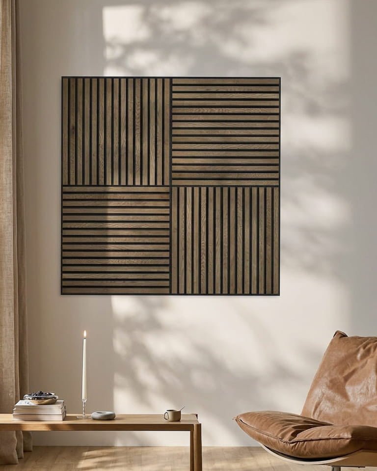 Stanza minimalista con una sedia in pelle, una candela e WoodUpp Akupixel Pannello acustico in grey oak rustico che proietta ombre geometriche sulla parete.