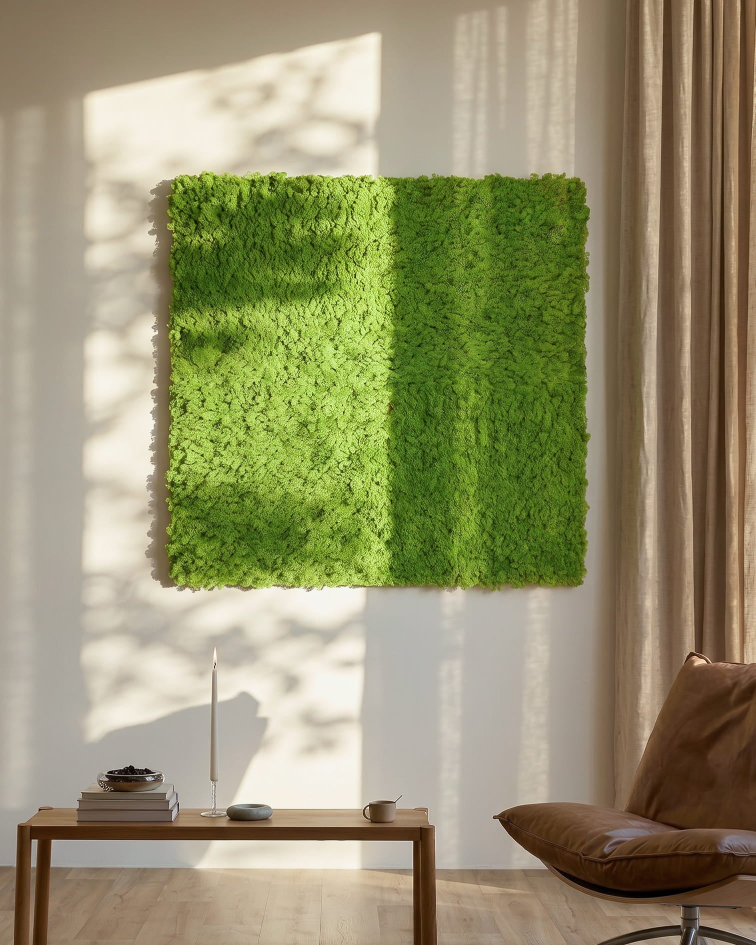 Akupixel Pannello acustico in Moss / Apple Green, 60 x 60 cm di WoodUpp, montato su una parete illuminata dal sole sopra un tavolo small e tende beige.