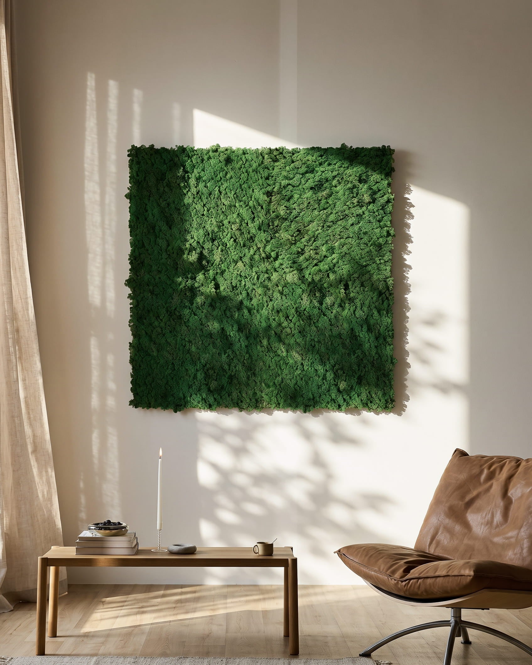 WoodUpp Akupixel Moss Green Pannello acustico (60x60 cm) montato su una parete beige sopra un tavolo minimalista e una sedia in pelle brown.