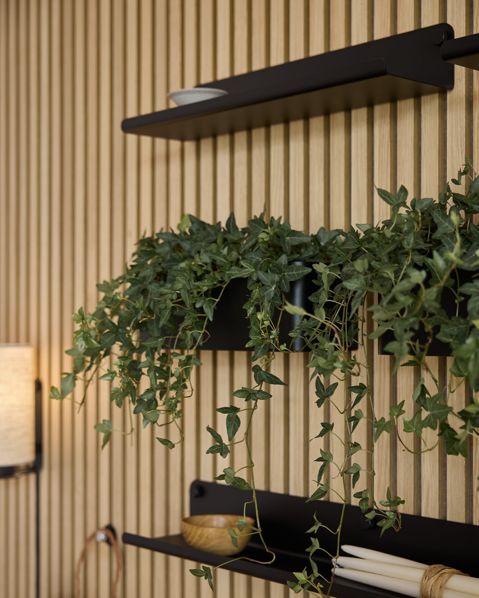Parete acustica in legno a doghe Akupanel Vertical con mensole black, decor minimalista, verde e una Plant Box WoodUpp Norr black (35,9 cm).