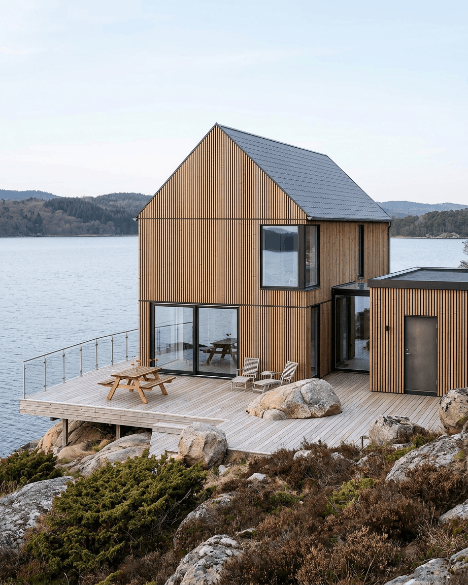 Casa moderna con pannelli per facciata WoodUpp Aluwood in Thermowood Brown, con finitura in pino nordico su una terrazza rocciosa sul lago, immersa nella natura.