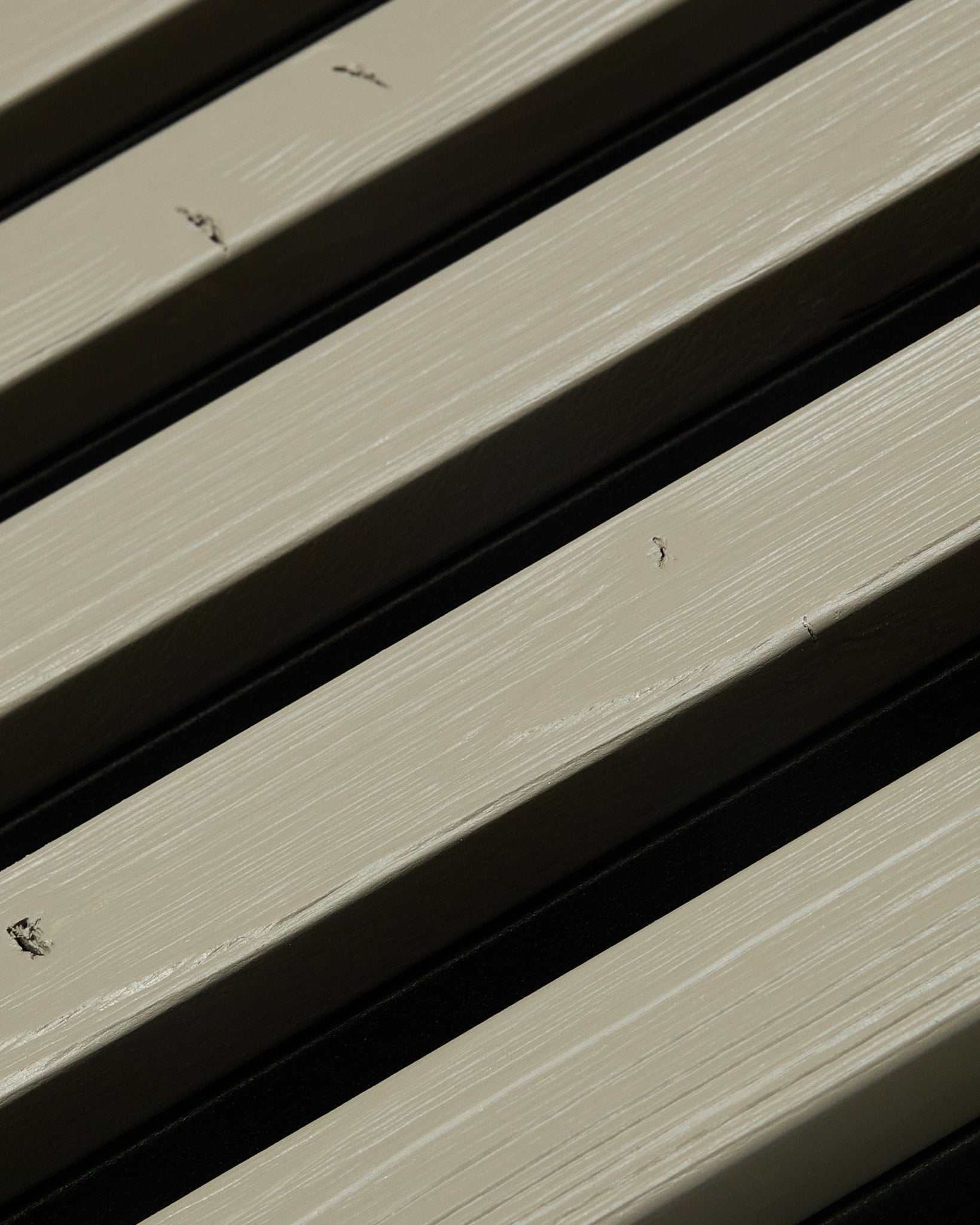 Primo piano del pannello di facciata WoodUpp Aluwood grey (240 x 45,1 cm) con small black formiche che camminano sui listelli esterni.