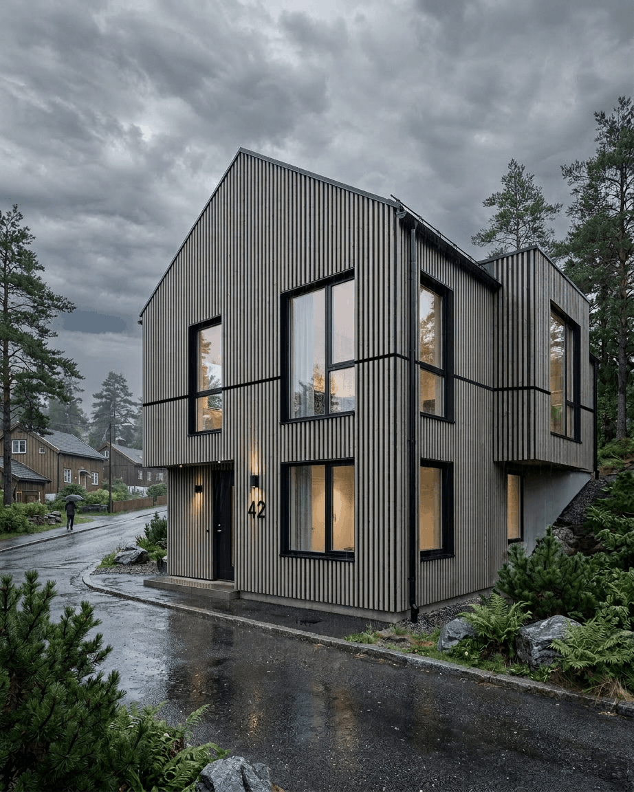 Casa moderna a due piani con finestre large, con pannelli di facciata WoodUpp Aluwood Thermowood Grey, in una giornata di pioggia circondata da alberi e vegetazione.