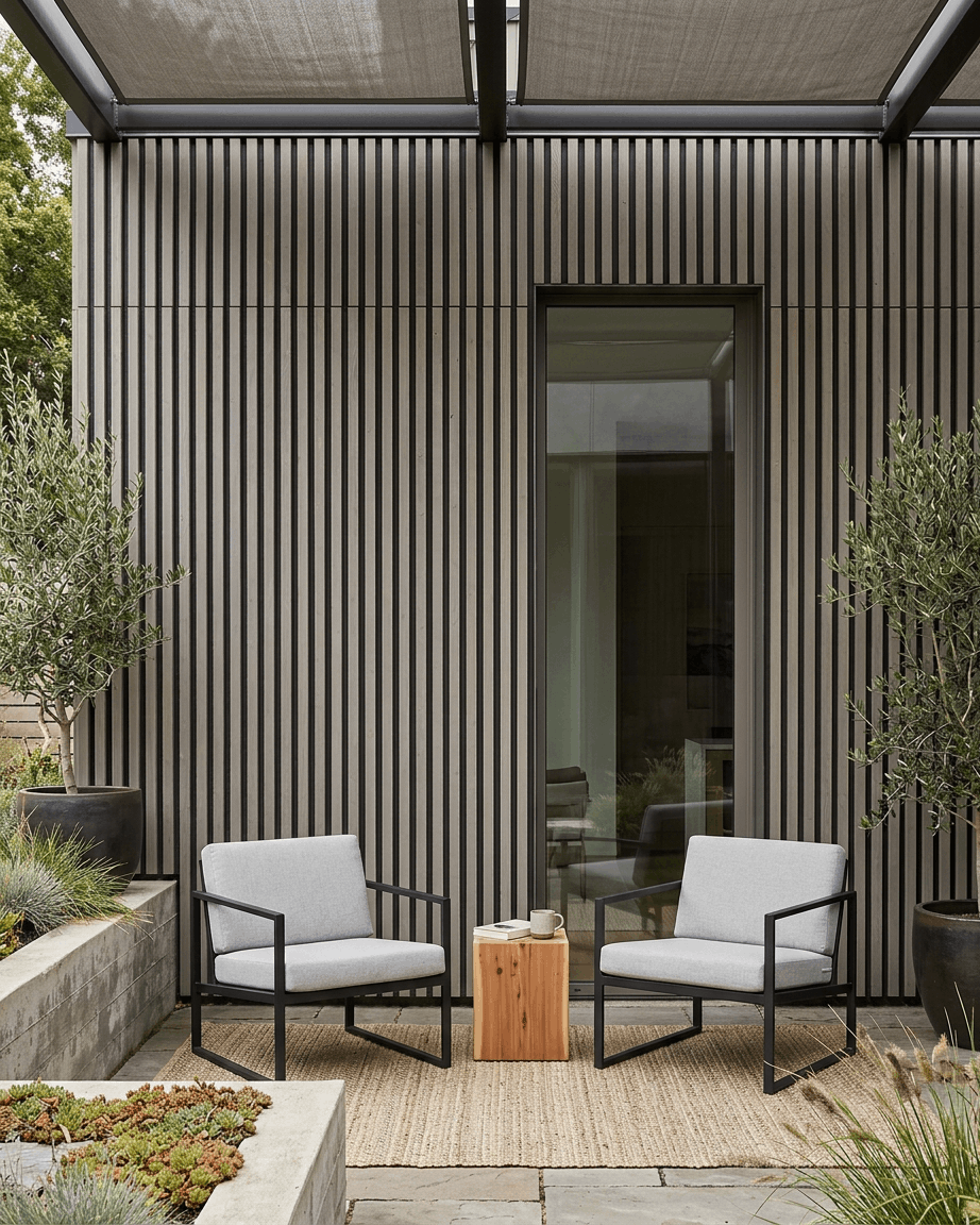 Due poltrone grigie e un tavolo su un patio con piante rigogliose, sullo sfondo pannelli di facciata WoodUpp Aluwood Outdoor Thermowood in grey.