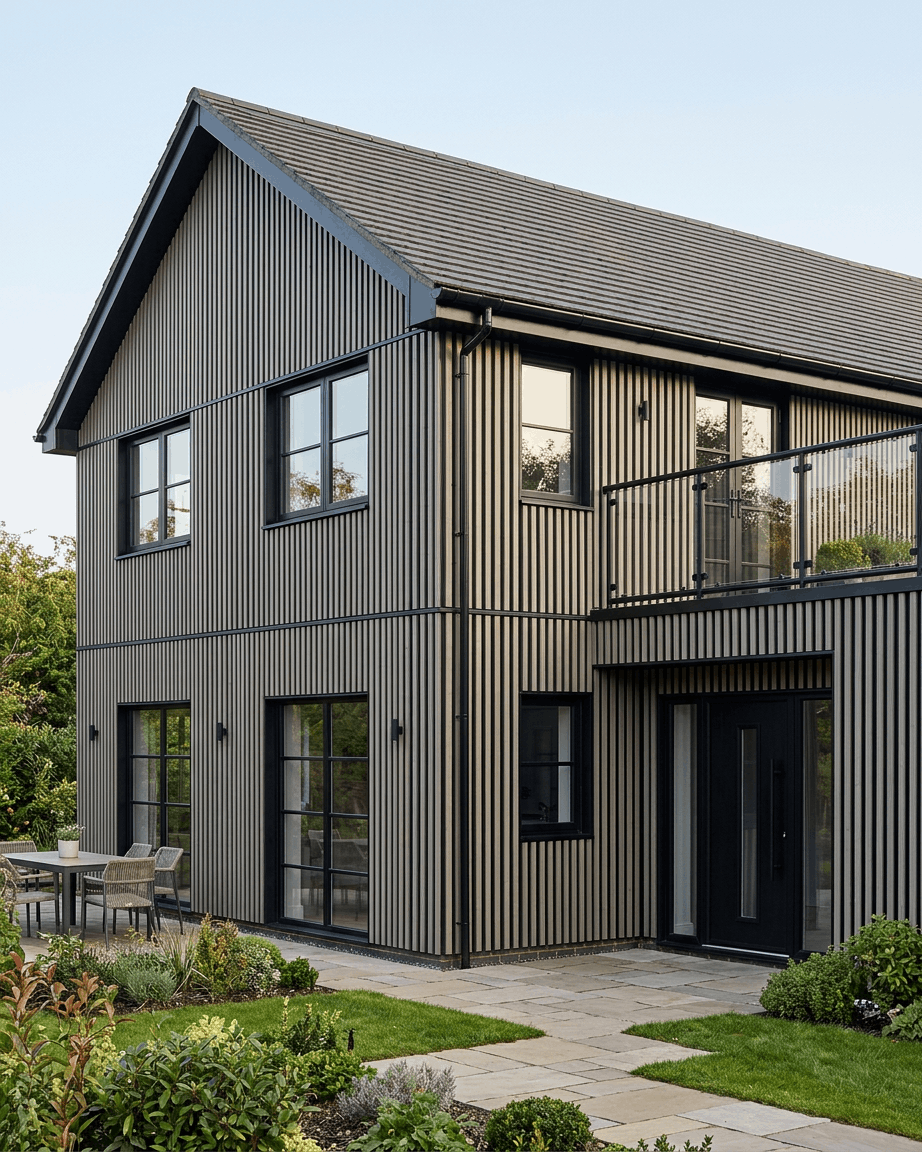 Casa moderna a due piani con pannelli di facciata WoodUpp Aluwood Thermowood grigi, finiture nere, grandi finestre, balcone, giardino e mobili da terrazza.