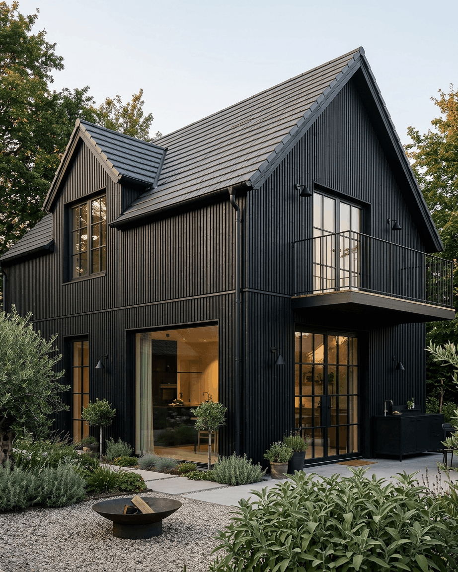 Casa nera con pannelli di facciata WoodUpp Aluwood Thermowood, ampie finestre, balcone, cucina all’aperto, giardino curato, alberi e braciere davanti alla casa.