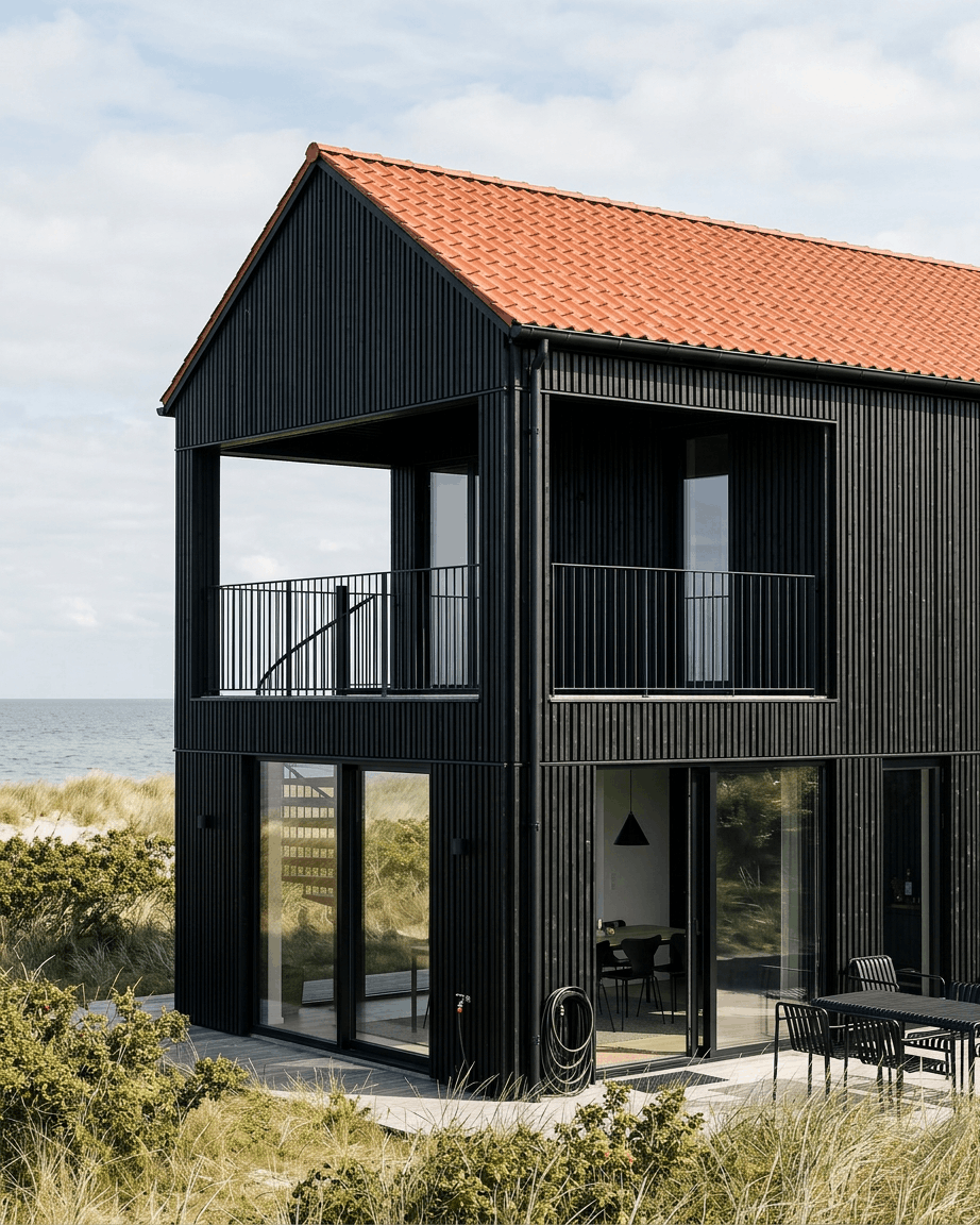 Casa moderna con ampie finestre, tetto rosso e pannelli per facciata WoodUpp Aluwood Thermowood Black (240 x 45,1 cm), situata vicino alle dune della spiaggia, con il mare sullo sfondo.