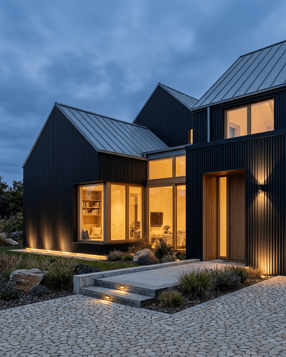 Casa moderna con pannelli di facciata in alluminio riciclato nero WoodUpp Aluwood, grandi finestre, un interno caldo nella luce del crepuscolo, un vialetto in pietra e un giardino anteriore curato.