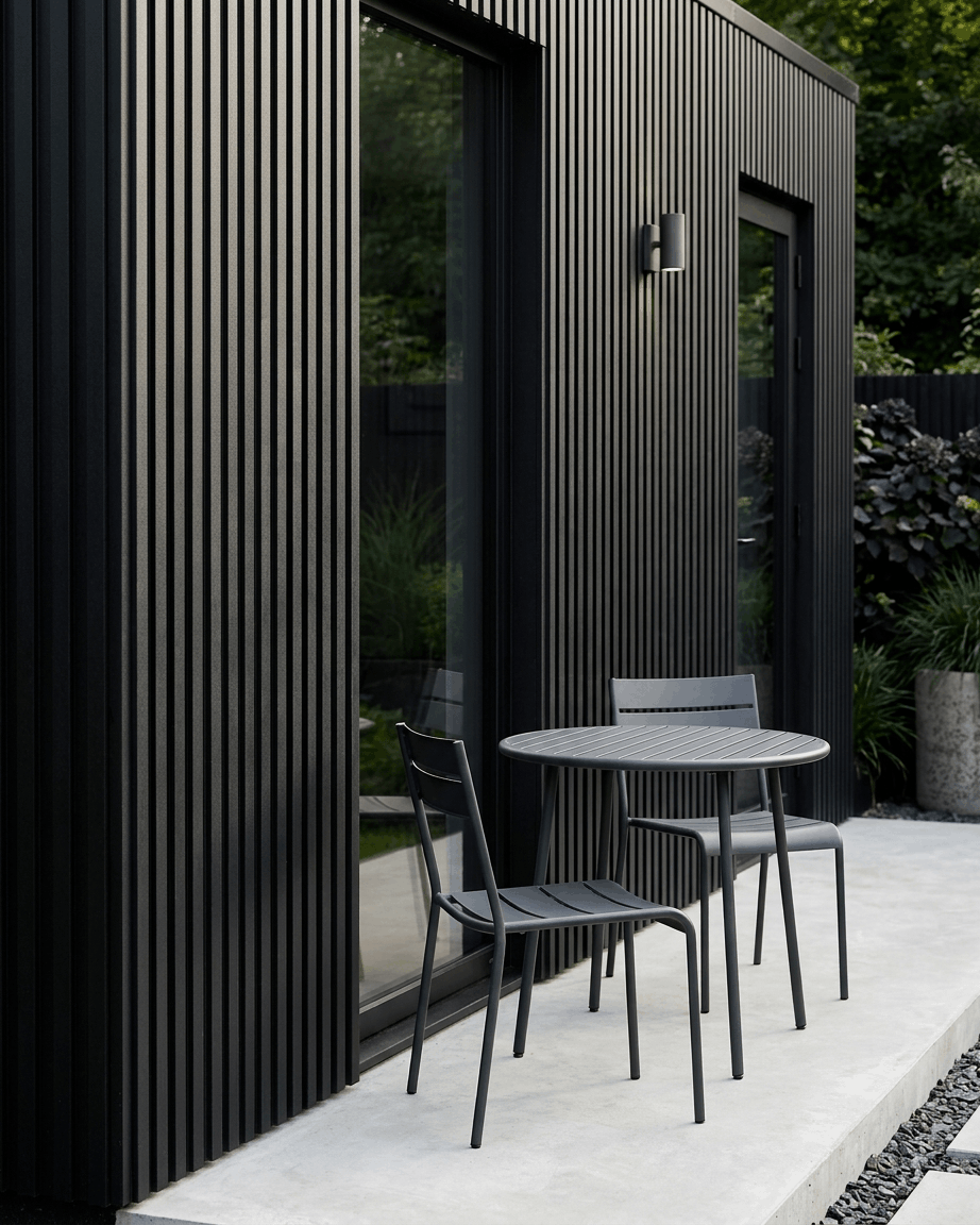 Tavolo in metallo Black e due sedie su un patio accanto a un edificio rivestito con pannello per facciata esterna WoodUpp Aluwood, black, Misura 240 x 45,1 cm.
