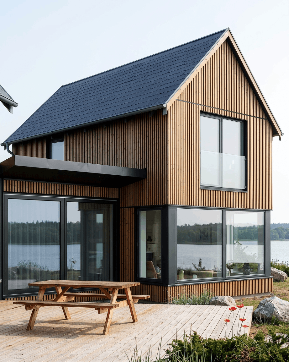 La casa sul lago con grandi finestre e tetto inclinato è rivestita esternamente con pannelli di facciata WoodUpp Aluwood nel colore Thermowood Oiled Brown.