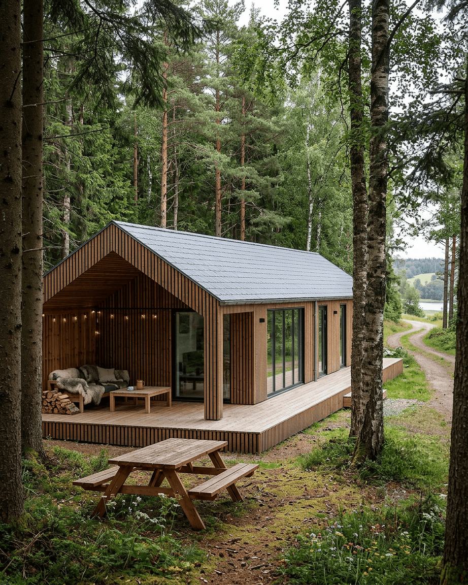 Una baita moderna con pannelli di facciata WoodUpp Aluwood Thermowood, grandi finestre con vista sul bosco e un tavolo da picnic accanto a un lago.