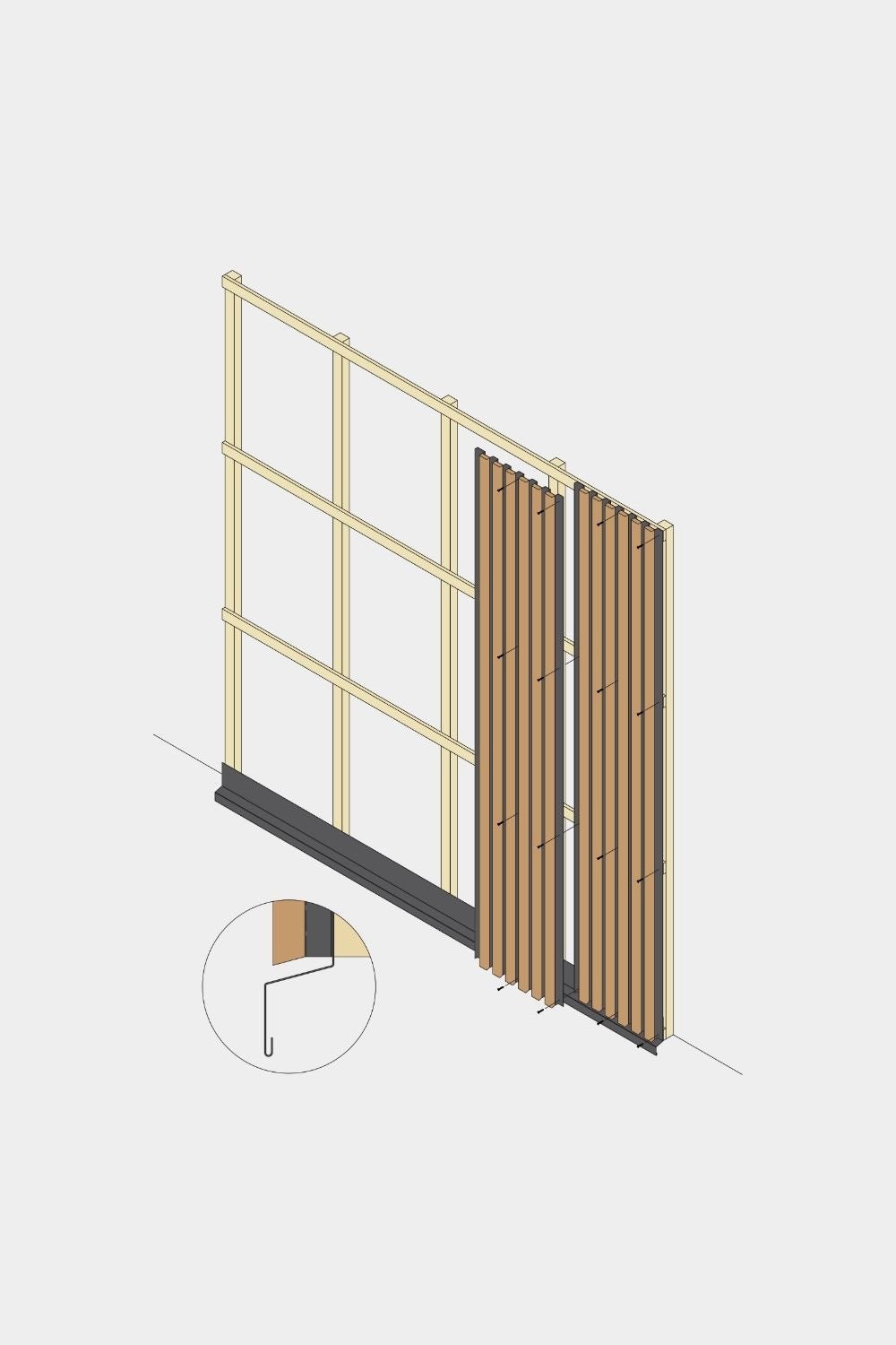 Disegno isometrico dell’installazione del pannello di facciata WoodUpp Aluwood, sezione inferiore da 240 cm, con doghe in legno doghe, finitura black e dettaglio di fissaggio delle lamelle.