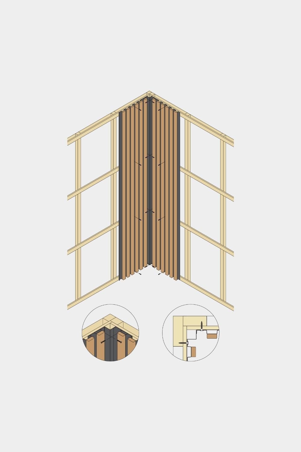 Diagramma isometrico dell’angolo interno del pannello per facciata WoodUpp Aluwood, 240 cm, che mostra doghe listelli in legno con profilo in alluminio in due viste ravvicinate dettagliate.