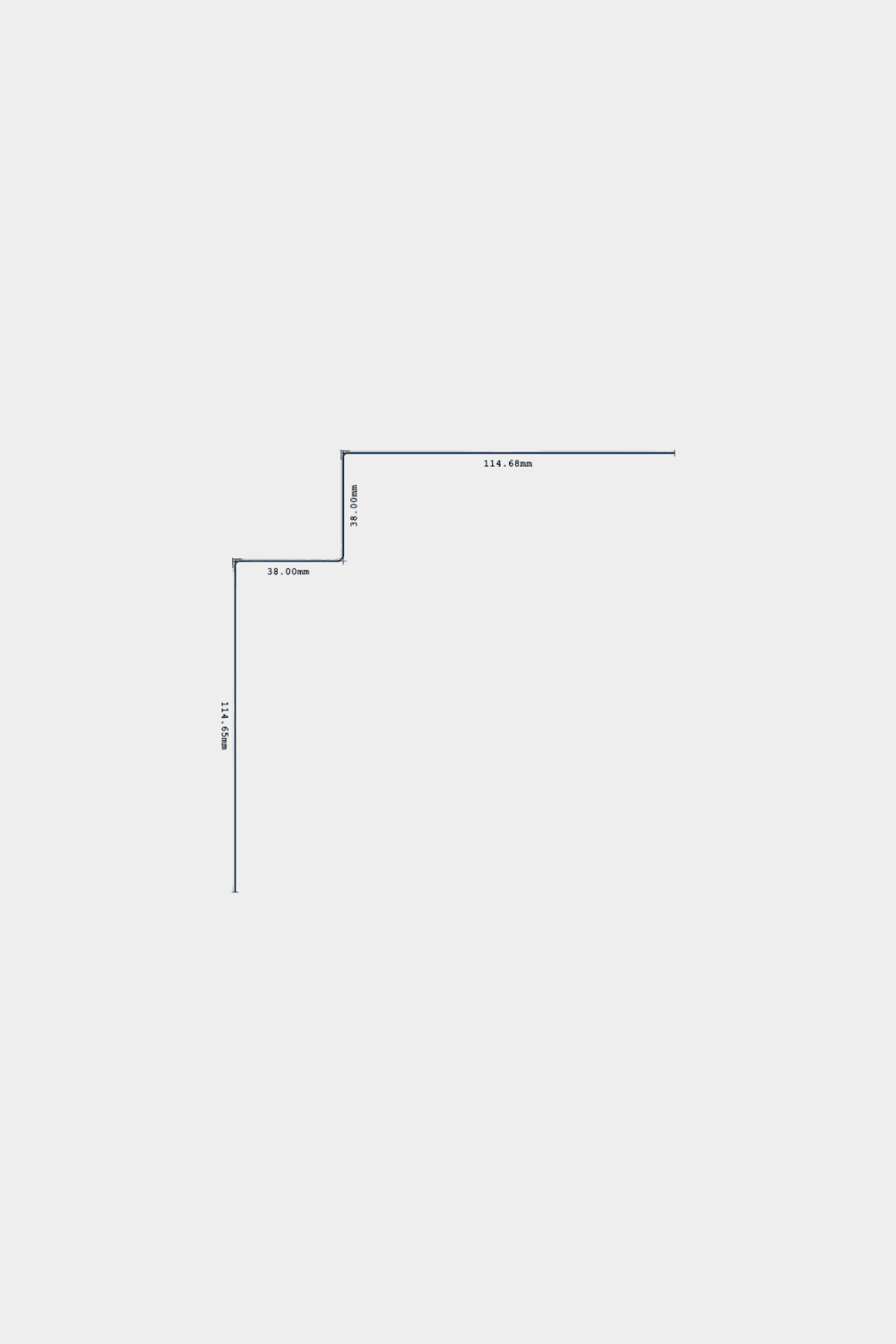 Disegno al tratto del prodotto WoodUpp Aluwood per installazione ad angolo interno, 240 cm, per pannelli di facciata; dimensioni 114.45 mm, 74.44 mm, 28.96 mm su sfondo bianco.