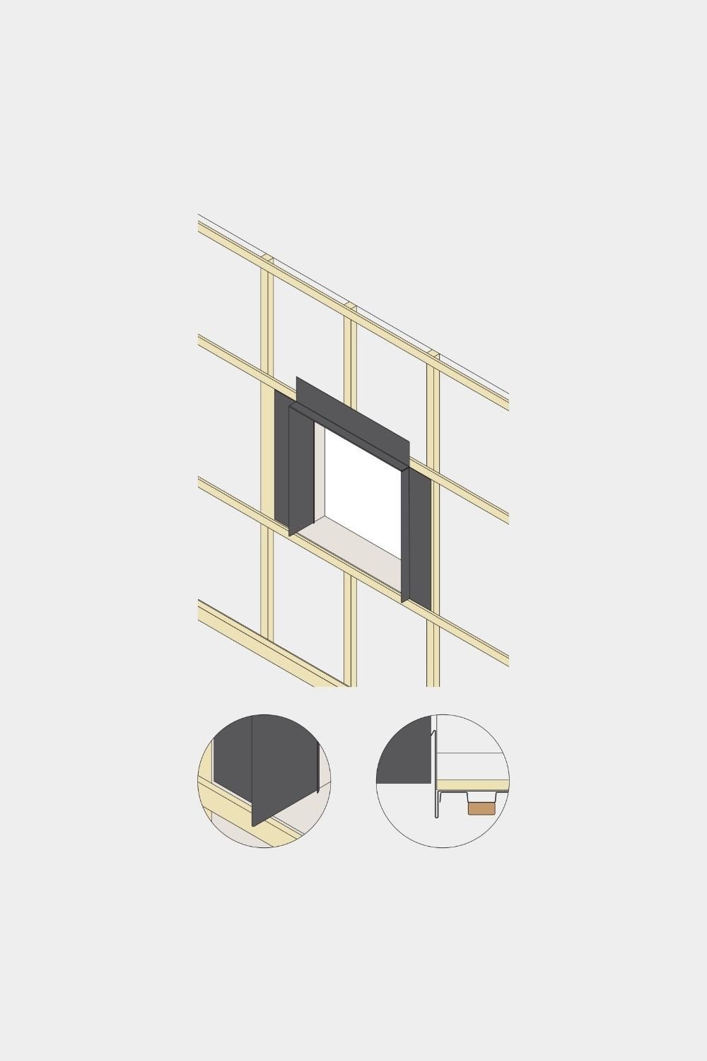 Disegno isometrico di una parete con apertura finestra, con finitura per pannello da facciata Aluwood (verniciata a polvere black) e dettagli dell'installazione del profilo per bordo in alluminio WoodUpp.