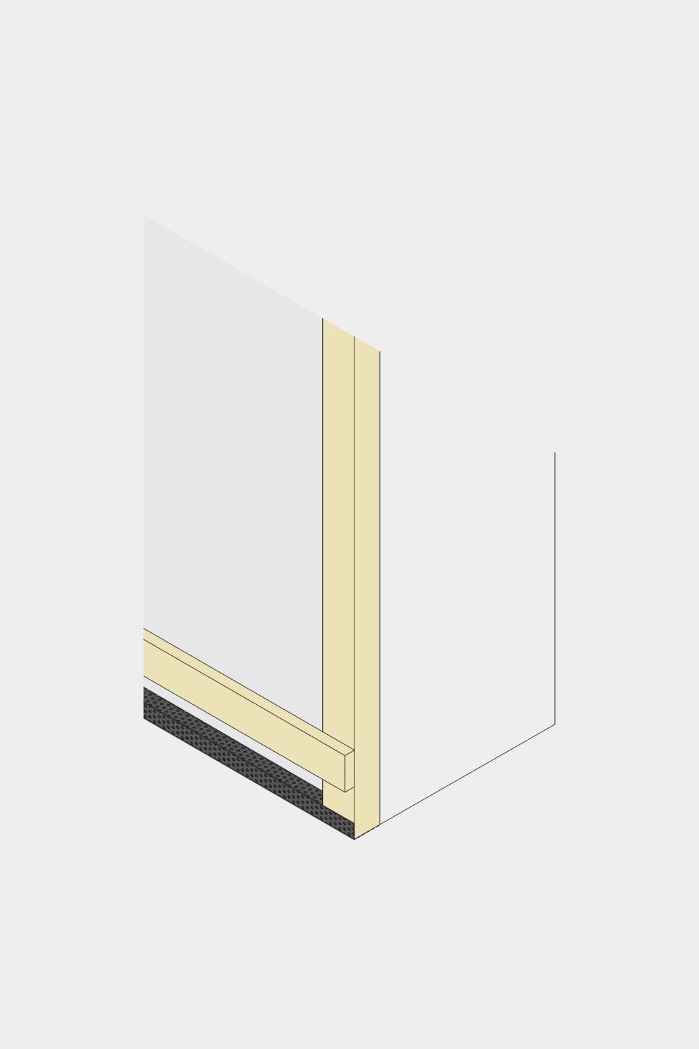 Diagramma isometrico di un angolo di parete con pannello per facciata WoodUpp Aluwood e rete antinsetti, 240 cm, con montanti, piastra di base black e intercapedine ventilata.