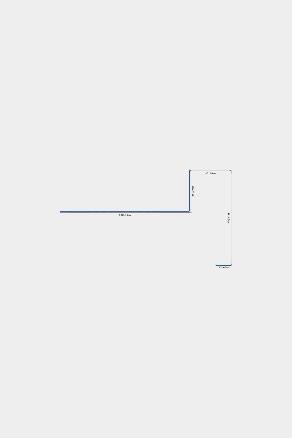 Disegno tecnico a linee a forma di L che mostra le dimensioni per installare un angolo terminale per pannello da facciata WoodUpp Aluwood da 240 cm con un profilo in alluminio verniciato a polvere.
