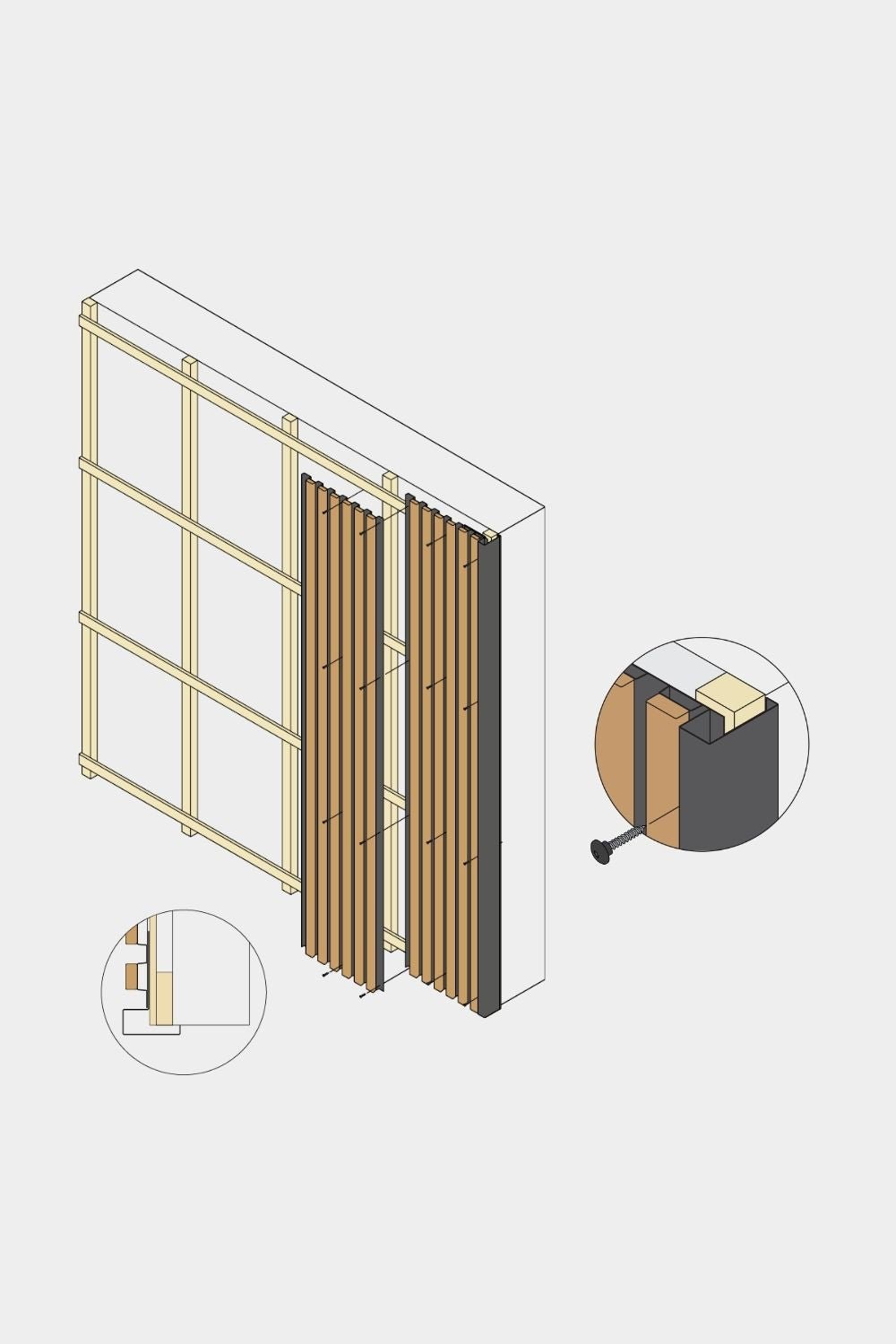 Diagramma isometrico dell’angolo terminale per pannello da facciata WoodUpp Aluwood, 240 cm, con vertical doghe in legno, finitura verniciata a polvere e profilo terminale in alluminio.