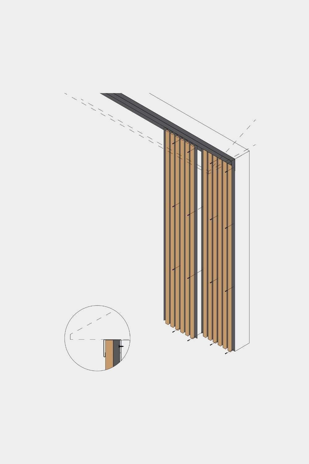 Vista isometrica dei pannelli da facciata Aluwood a tutta altezza di WoodUpp (240 cm), con riquadro che mostra nel dettaglio l’installazione a soffitto e la finitura superiore.