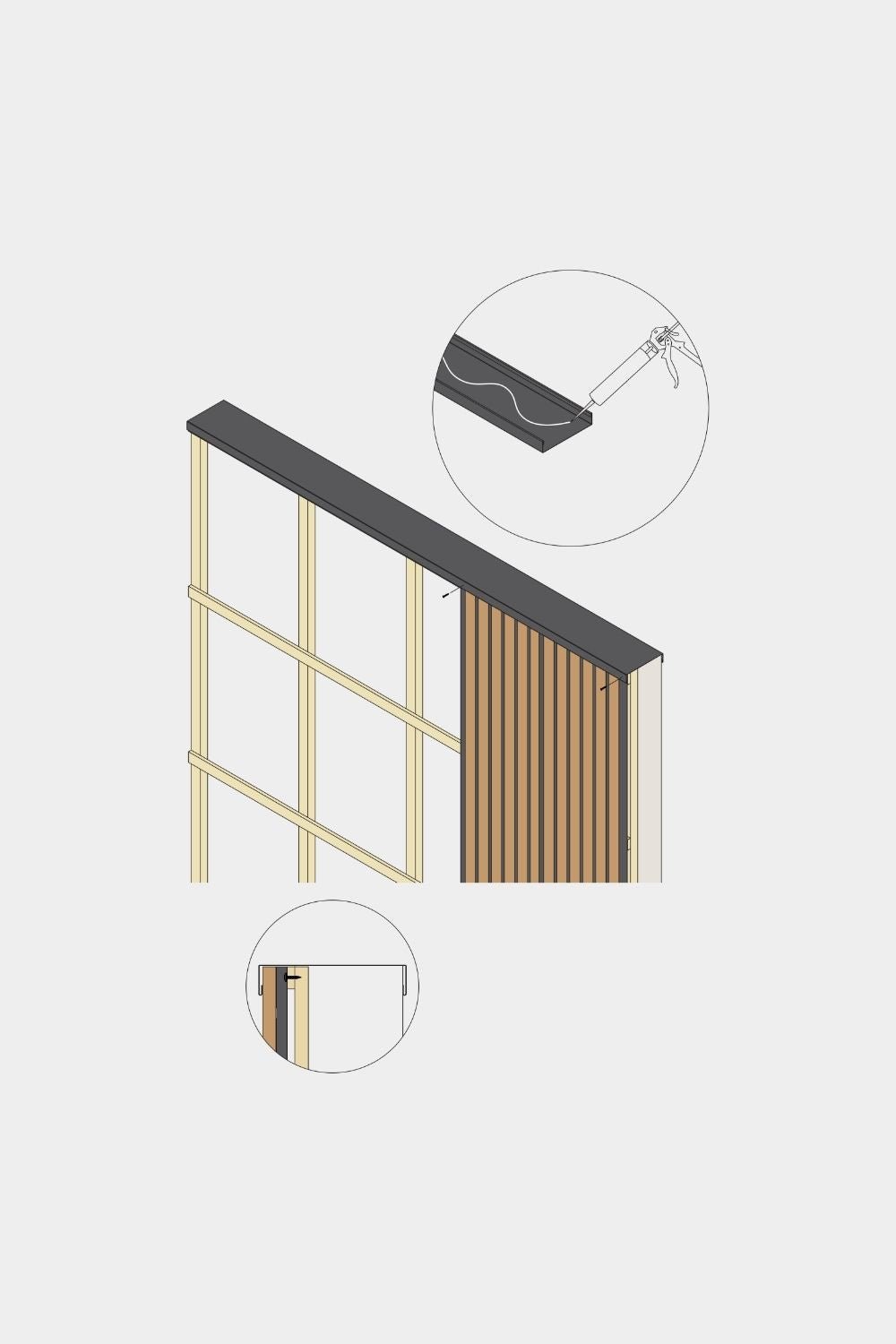 Disegno isometrico del coprimuro per pareti con pannelli di facciata WoodUpp Aluwood, 240 cm x 25 cm, con legno doghe, profilo in alluminio e due riquadri di dettaglio ravvicinati.