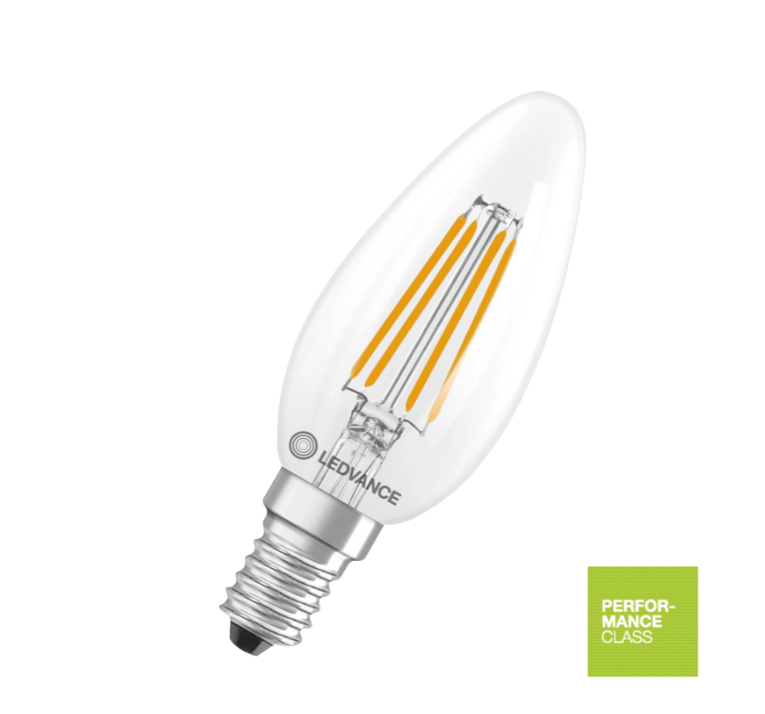 Lampadina LED a candela WoodUpp E14, 3,4 W, 470 lm; vetro trasparente con filamenti visibili, attacco a vite argentato ed etichetta verde della classe di prestazione.