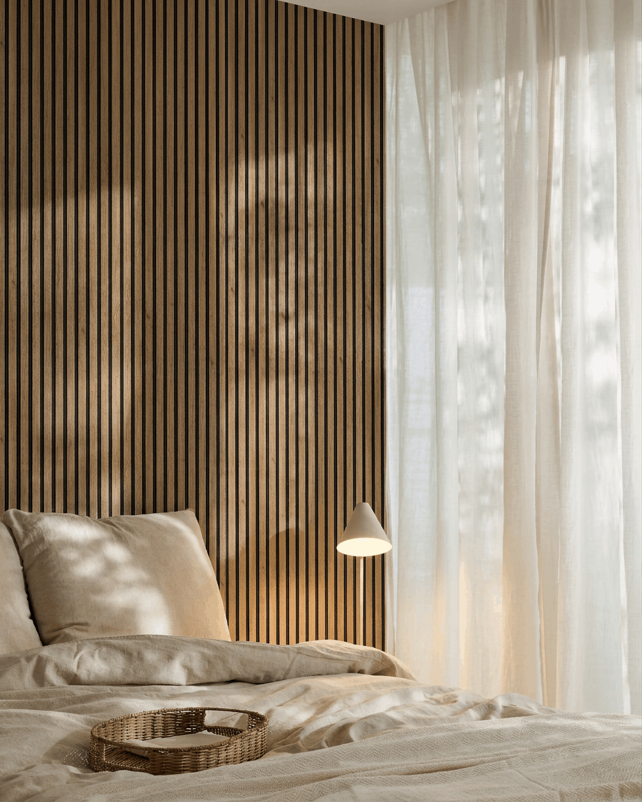 Camera da letto minimalista con una parete d’accento in WoodUpp Akupanel acoustic slatwall (English Rovere, felt Black), biancheria da letto beige, vassoio intrecciato, lampada da parete e tende leggere.