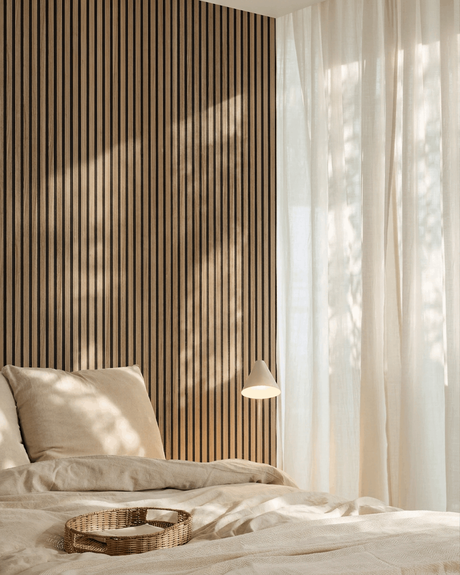 Camera da letto minimalista con biancheria da letto beige, tende velate, una lampada a sospensione e una parete d'accento con pannello acustico a listelli in legno WoodUpp Akupanel (English Walnut) dietro il letto.
