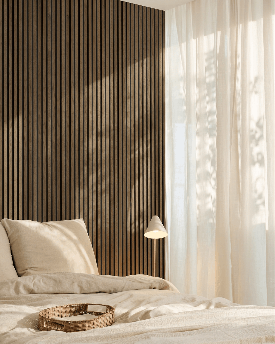 Camera da letto scandinava minimalista con una parete d'accento Pannello acustico in WoodUpp Akupanel Natural Wood, biancheria da letto beige, vassoio in vimini e tende velate.