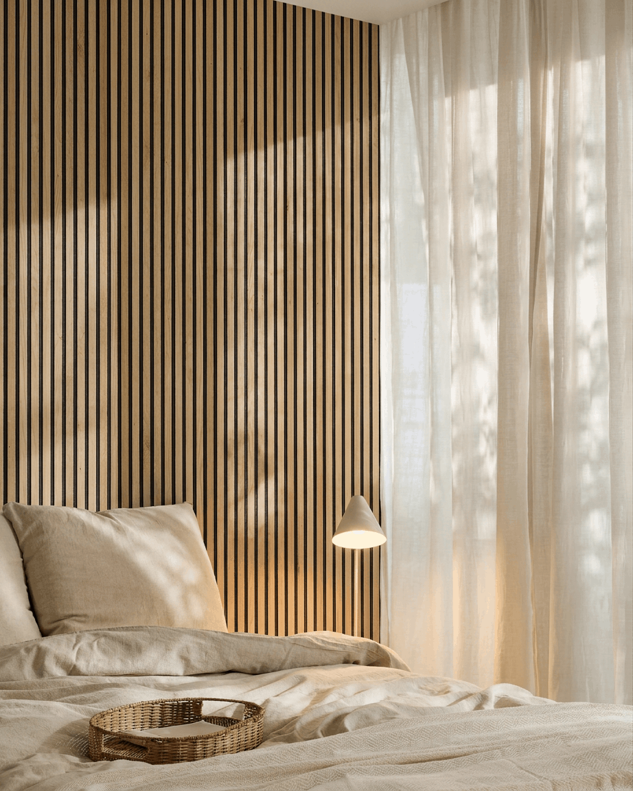 Camera da letto scandinava minimalista con biancheria da letto beige, pannello acustico a doghe Akupanel Natural Oak di WoodUpp, vassoio in vimini sul letto e tende leggere filtranti.