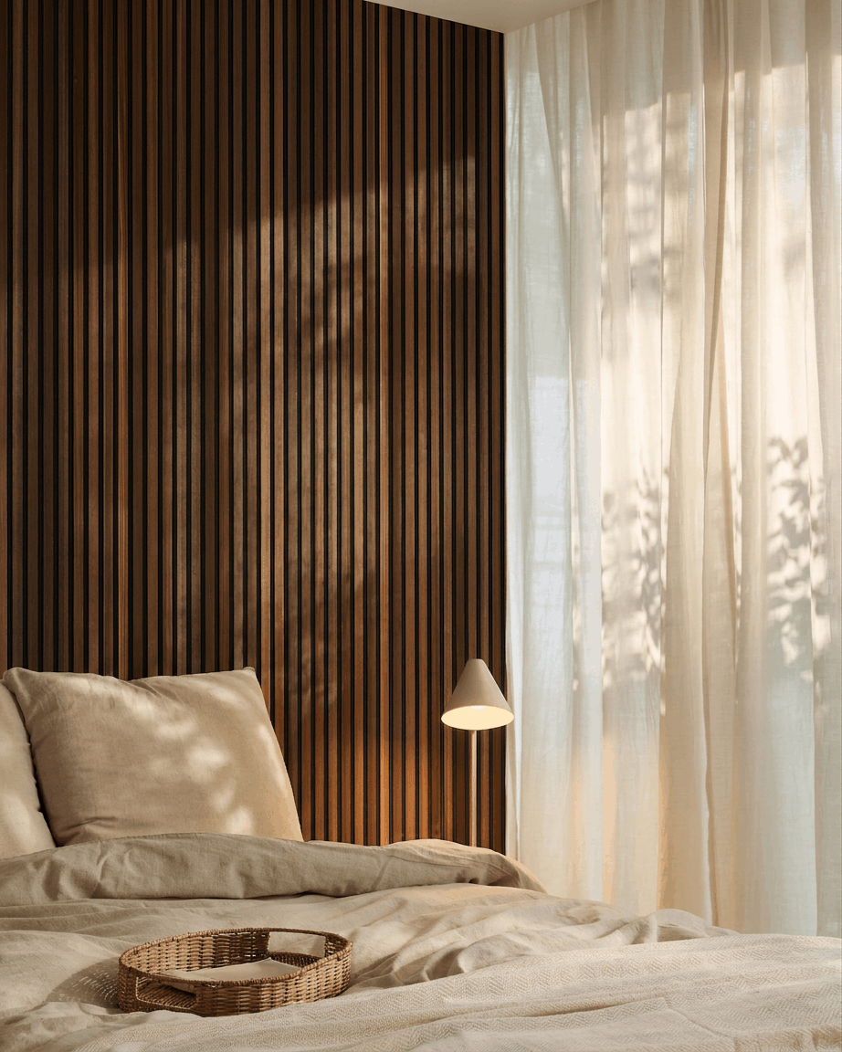 Camera da letto con biancheria da letto beige, tende velate e un Akupanel pannello acustico a doghe WoodUpp pannello a doghe in larice termotrattato con feltro black mentre filtra la luce del sole.
