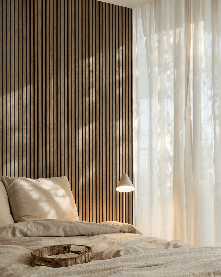 Camera da letto scandinava minimalista con una parete a listelli acustici in noce WoodUpp Akupanel, biancheria da letto beige, vassoio in vimini sul letto e tende velate che filtrano una luce soffusa.