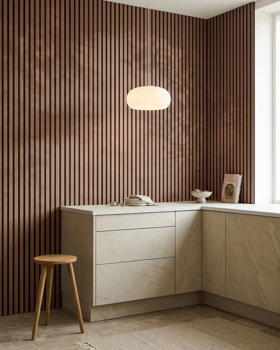 Cucina con mobili beige, sgabello in legno e WoodUpp Akupanel Pannello acustico in Clay Black Felt sulla parete. Lampada a sospensione rotonda sopra il bancone.
