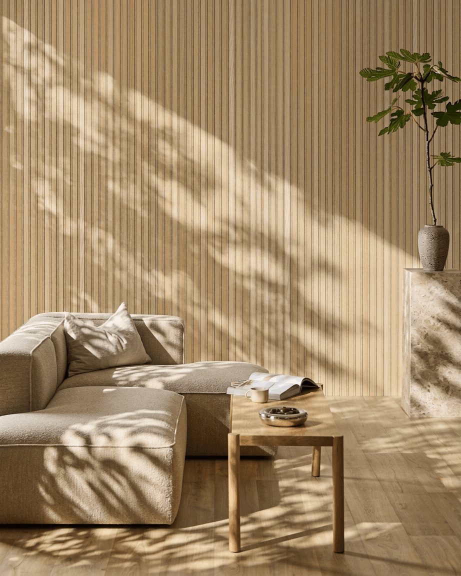 Zona giorno minimalista con un WoodUpp Akupanel Pannello acustico in Classic Rovere con feltro Beige, che dona stile scandinavo e comfort acustico.