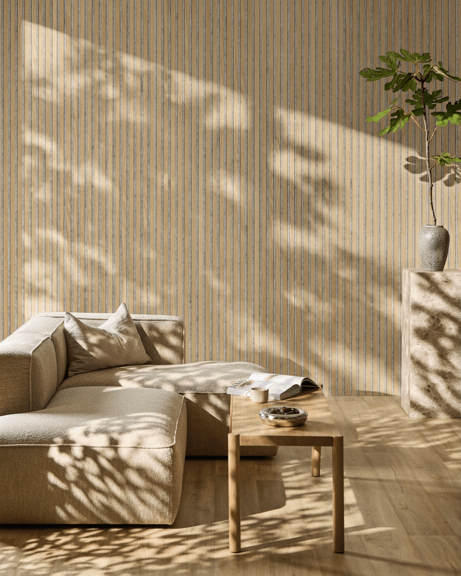 Zona living minimalista ambiente con divano e tavolino beige. WoodUpp Akupanel Pannello acustico in Classic Rovere, Felt Grey, aggiunge uno stile nordico e morbidi effetti d’ombra.