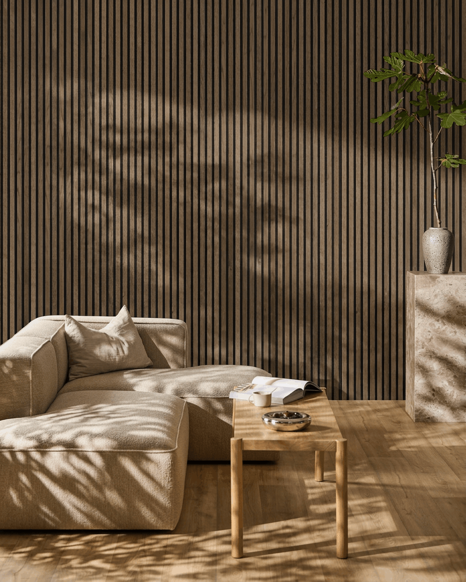 Zona giorno minimalista con divano componibile beige, tavolino in legno e pianta; la luce del sole mette in risalto il design nordico e il Pannello acustico WoodUpp Akupanel in Rustic Grey Oak.