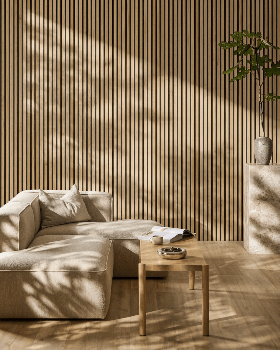 Soggiorno minimalista ambiente con un divano beige, un tavolo in legno, una pianta e un WoodUpp Akupanel Rustic Natural Oak Pannello acustico illuminato da una luce solare soffusa.