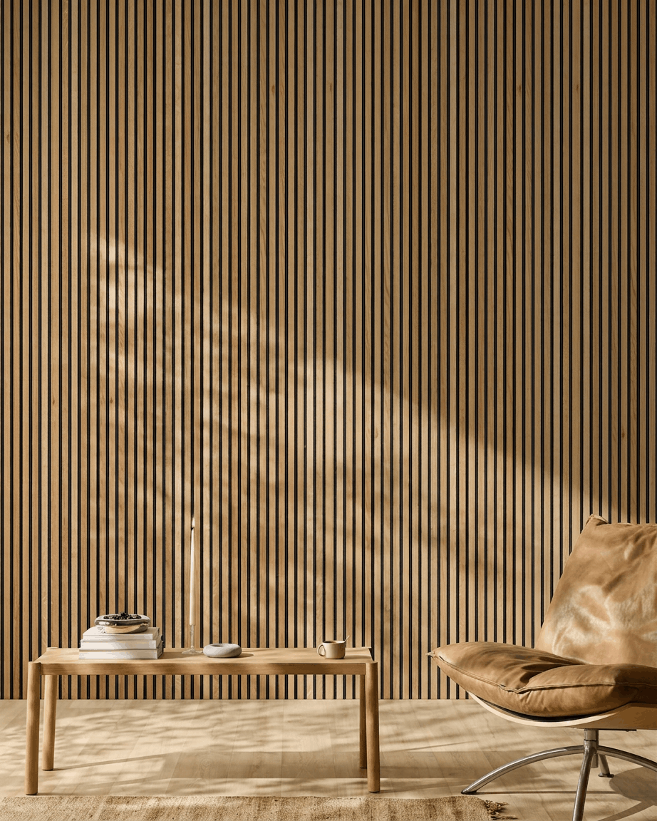 ambiente minimalista con una poltrona in pelle color cuoio, un tavolino basso in legno e un pannello acustico a doghe in legno WoodUpp Akupanel con finitura Rustic Brown Rovere, illuminato dalla luce del sole.