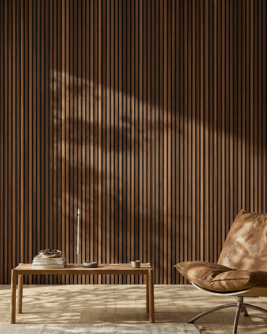 Interno scandinavo con un WoodUpp Akupanel Pannello acustico in larice termotrattato, una poltrona in pelle brown, un tavolo in legno e la luce del sole che si diffonde sul pavimento.