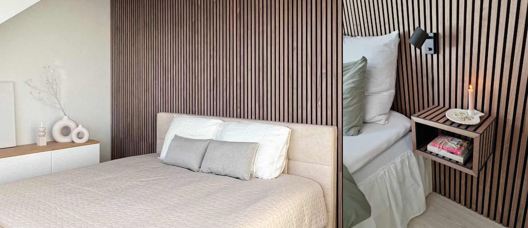 Una camera da letto moderna con un letto beige, cuscini neutri e una parete daccento in legno texturizzato Akupanel dietro un comodino galleggiante che contiene libri e una piccola lampada.