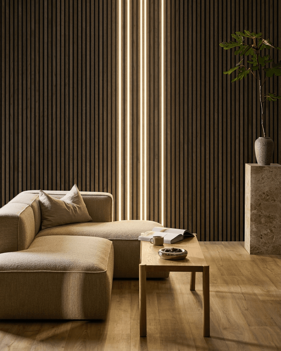Soggiorno minimalista con divano beige, tavolino in legno e vaso alto davanti a una parete in pannelli acustici in legno Akupanel di WoodUpp, illuminata dalla striscia LED Lumi.